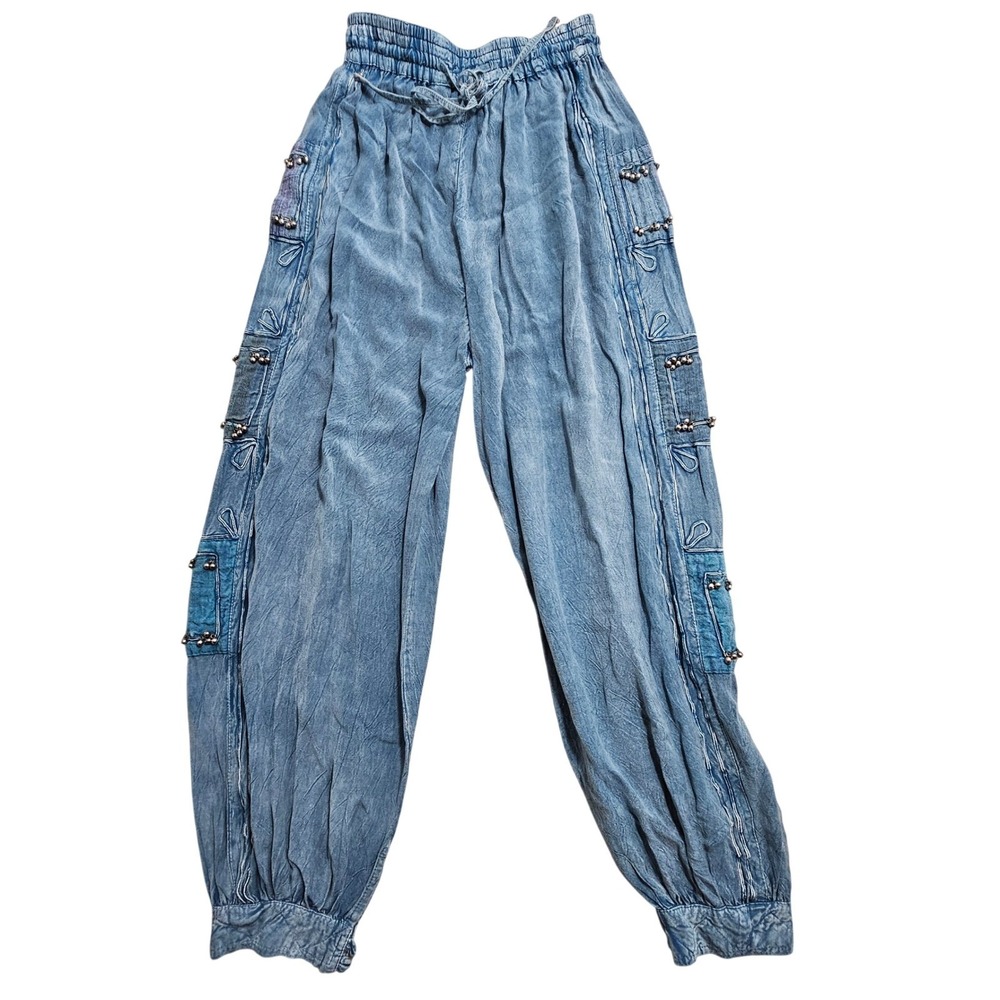 Geeta Harem Pants Women Free Size Blue Beaded Cargo Boho Genie Joggers Jingle